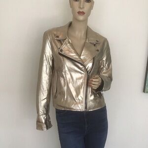 BlankNYC Metallic Gold Vegan Faux Leather Moto Asymmetric Zip Biker Jacket S